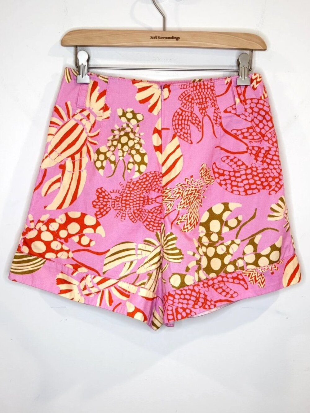 Farm Rio Mixed Lobster Belted Shorts Sz S Pink Pleated High Waist Tropical Beach - Picture 7 of 16